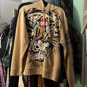 Ed Hardy Tan Hoodie with Skull and Snake Design